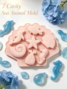 7-Cavity Pink Ocean Animal Silicone Mold With Random Color Silicone Dropper, Silicone, Non-Stick Easy Release, Heat-Resistant, Reusable, Soft Silicone Baking Mold For Making Chocolate, Candy, Caramel Cookies And Other Handmade Sweets To Meet Different Creative Needs - Multicolor - View 3