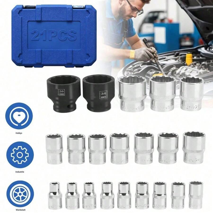 21-teiliges 1/2-Zoll-Steckschlüsselset 8–36 Mm Mit Aufbewahrungsbox, Komplettes Chrom-Vanadium-Stahl-Set Für Autoreparatur, Maschinenmontage & Heimwerkerprojekte – Ideal Für Hobbymechaniker in Der Heimischen Garage, Professionelle Techniker & Wochenendheimwerker - A - Übersicht 1