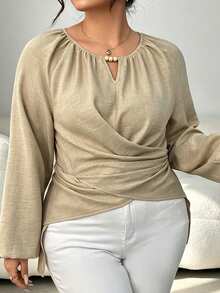 大尺碼女款梭織長袖裹身上衣，不對稱下擺，後背繫帶設計 - 卡其色 - 查看 4