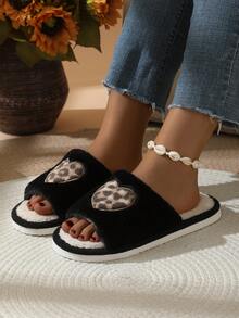 Women's Fuzzy Slippers, Heart & Leopard Print, New Open Toe Indoor/Outdoor Home Fashion Shoes, Autumn/Winter - Black - View 3