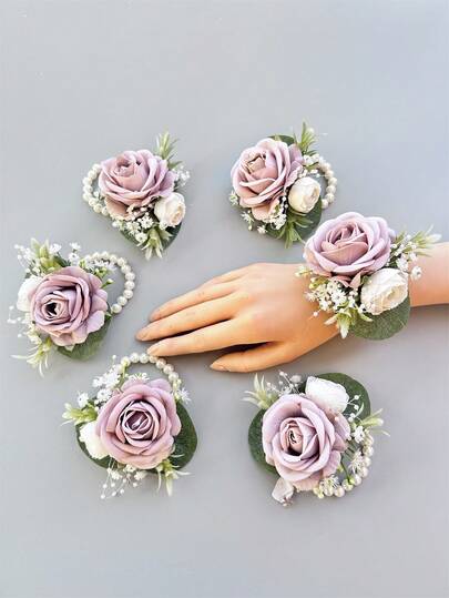 1 pieza/6 piezas Flores artificiales de boda Rosa Corsage de muñeca para novia Dama de honor Mujer Hermana Flor de mano Flores de boda Decoración de mesa de fiesta