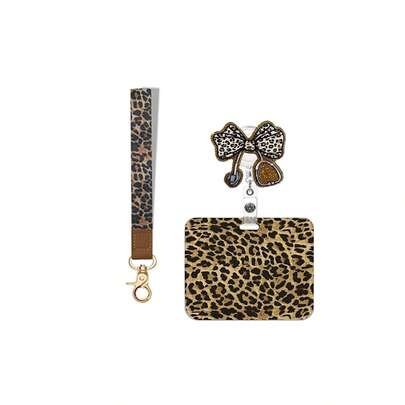 1 Conjunto (Clip para Crachá + Cordão + Porta-Cartão) Clip Retrátil para Crachá com Estampa de Leopardo, Combinado com Cordão Castanho, Clip de Acessórios Médicos com Protetor de Cartão Horizontal, Adequado para Enfermeiros, Médicos, Estagiários, Professores, Assistentes Sociais, Presente de Escritório