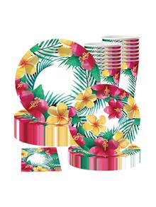 10 Stück ovale Pappteller im hawaiianischen Stil, Einweg-Aloha-Blumen-Partydekoration, Sommer-Tischgeschirr-Zubehör, beliebte tropische Teller, perfekt für Strandparty, Geburtstagsparty - Verschiedenfarbig - Übersicht 1