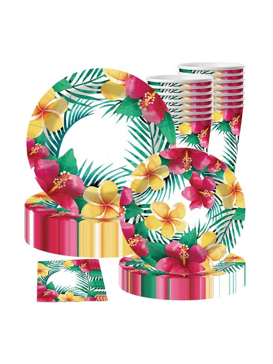 10 Stück ovale Pappteller im hawaiianischen Stil, Einweg-Aloha-Blumen-Partydekoration, Sommer-Tischgeschirr-Zubehör, beliebte tropische Teller, perfekt für Strandparty, Geburtstagsparty - Verschiedenfarbig - Übersicht 1