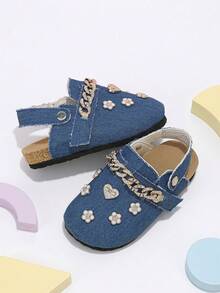 1 Pair Kids' Blue Rhinestone Chain 3D Heart & Flower Closed-Toe Mule Shoes, Suitable For Daily Wear - Blue - View 5