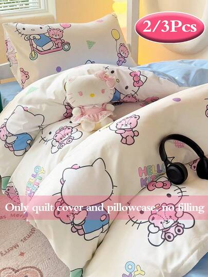 Sanrio 3件組被套床品套裝 Hello Kitty（1件被套 + 2件枕套，不含填充物）床單套裝 可愛卡通 全尺寸 柔軟舒適 適合宿舍學生、居家臥室床罩、客房使用，四季通用，附拉鍊封口與枕套，多色耐用，特大號床品被套套裝