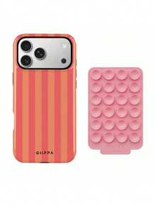 GIIPPA 1件橙紅色垂直條紋圖案設計手機 17 Pro Max 手機殼 + 粉色吸盤，兼容手機 16 Pro Max、15 Pro Max、14 Pro Max，韓式高端時尚趣味手機殼，兼容 11/12/13/14/15/16 Pro Max Plus，優雅設計適合男女，聖誕節、情人節、復活節、婚禮季和生日送給女朋友的完美禮物！ - 橘色 - 查看 3
