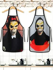 4Pcs/1pcDay Of The Dead Print Apron, Sugar Skull Skeleton Pattern Kitchen Apron For Cooking Baking Halloween PartySkeleton Apron For Halloween, White Human Skeleton Bones Print Black Kitchen Apron - Multicolor - View 6