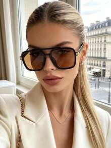 1pc Oversized Double Bridge Square Retro Fashion Glasses, Full Frame Versatile Women's Eyewear, Suitable For Travel, Vacation, Daily Wear, Beach Accessory - Brown - View 1