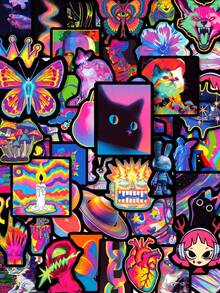 50Pcs Rainbow Neon Stickers, Surreal Weird Hypnotic Aesthetic Decals, Black Border Cat Skull Vinyl Decals Fit Vision Board, Journal Laptop Tablet - Multicolor - View 1