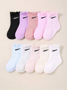 5/10/20 Pairs Random Color Baby Crew Socks With Ruffle, Macaron Pastel And Earth Multi Colors, Baby Essentials, Socks For Toddler, Back To School - Multicolor - View 4