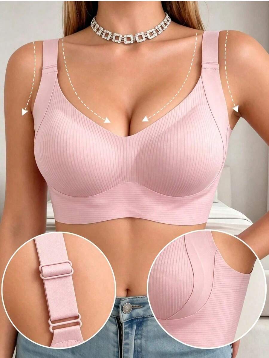 Women's Seamless Bra - Adjustable Straps, Wireless Support, Suitable For Daily Wear, Ultra Soft And Breathable Fabric, Women's Spring Clothing, Comfortable Lingerie Bra - Pink - View 1