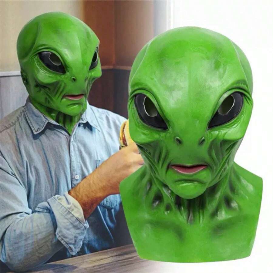 外星人面具乳膠頭飾萬聖節UFO恐怖面具綠色頭飾跨境新品ET外星人