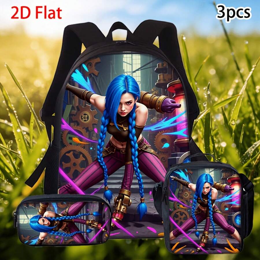 3-Piece Women's Bag Set, 2D Fashion Print Backpack Set, Steampunk Style Backpack Set, Fashionable And 3-Piece Set With Blue Long-Haired Mechanic Design, High-Quality Appearance, Multifunctional Backpack, Suitable For Daily Outings, Perfect Choice For Everyday Use. - 3 Piece Set - View 1
