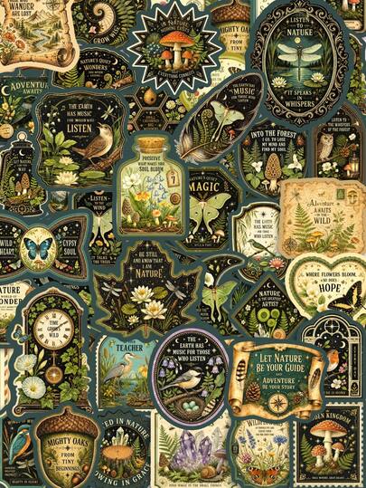 50Pcs Hot Selling Vintage Herb Plant PP Decor Stickers, 50 Unique Vintage Illustrations Of Mushrooms, Ferns, Forest Creatures, Parchment Scrolls, Premium Collage Decor For Market Craft, Coffee Cup And Forest Healing Gift Box
