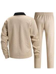 Men's Luxury Textured Colorblock Black Collar Casual 2 Pieces Set, Loose Long Sleeve Top And Pants, Spring/Autumn - Khaki - View 6
