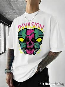 Men's Vintage Street Style Invasion Alien Skull Print Oversized T-Shirt, Casual Loose Crew Neck Short Sleeve Summer Tops Suitable For Daily Casual, Go - White - View 2