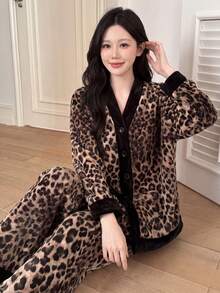 Pure Slumber 2pcs Leopard Print Fleece Fluffy Pajama Set, Mandarin Collar, Button Front, Women Flannel Long Sleeve Top & Pants Sleepwear, Autumn/Winter, Fall Clothes, Cozy - Brown - View 3