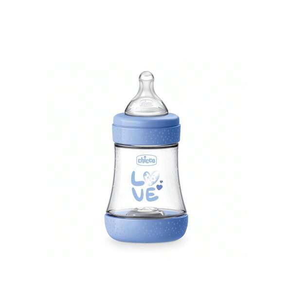 Chicco زجاجة رضاعة شيكو بيرفكت 5 بنظام إنتوي-فلو للأطفال من البلاستيك الخالي من BPA، تدفق بطيء، 0 شهر فأكثر، زرقاء، 150 مل - تصميم بيو-وظيفي، تغذية مريحة