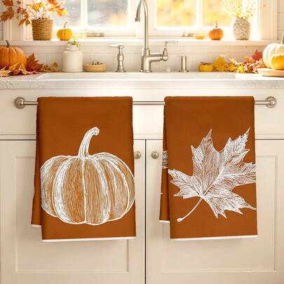 2pcs Kitchen Towels, Autumn Minimalist Maple Leaf And Pumpkin Pattern Microfiber Kitchen Towels, 40*60cm/15.7*23.6in Towels, Single-Sided Print, Dish Towels For Kitchen, Suitable For Restaurant Kitchen Bathroom Decor, Holiday Gift