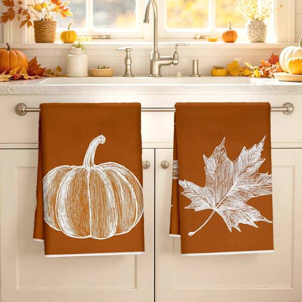 2pcs Kitchen Towels, Autumn Minimalist Maple Leaf And Pumpkin Pattern Microfiber Kitchen Towels, 40*60cm/15.7*23.6in Towels, Single-Sided Print, Dish Towels For Kitchen, Suitable For Restaurant Kitchen Bathroom Decor, Holiday Gift