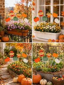 Fall Pumpkin & Scarecrow Garden Stakes, Autumn Harvest Yard Decorations, Thanksgiving Halloween Outdoor Lawn Ornaments, Decorative Plant Picks For Garden, Flower Bed, Porch & Patio - Multicolor - View 5