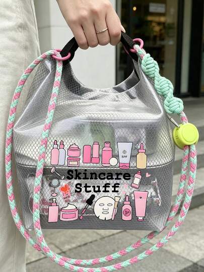 多功能防水 PVC 化妝收納袋，「Skincare Stuff」印花，附抽繩設計，可手提或肩背，旅行盥洗包，適合游泳、健身、海灘、潛水、夏季度假與日常使用，輕便好攜帶，優異防水防潑效果，大容量可收納化妝品、盥洗用品、毛巾、泳衣、運動衣等，適合送給女性、老師或郵輪旅行的理想禮物