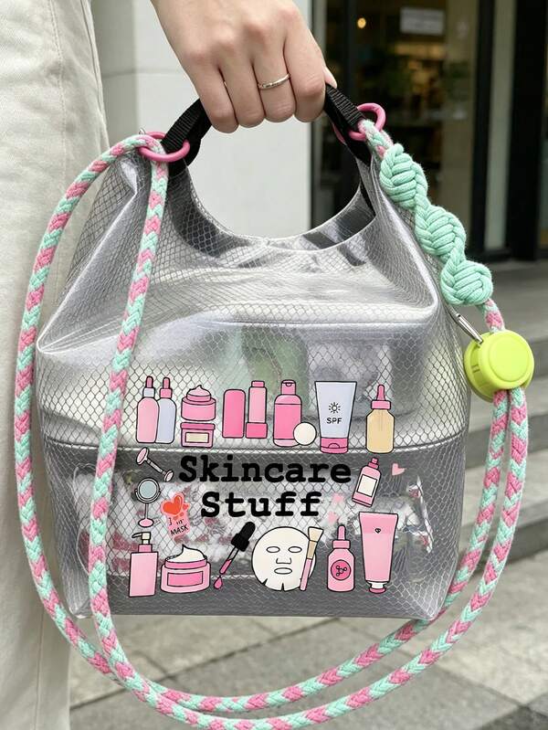 Multifunctional Waterproof PVC Cosmetic Storage Bag, "Skincare Stuff" Print, With Drawstring, Can Be Carried By Hand Or Shoulder, Travel Toiletry Bag, Suitable For Swimming, Fitness, Beach, Diving, Summer Vacation And Daily Use. Lightweight And Portable, Excellent Waterproof And Splash-Proof Effect, Ample Capacity, Can Store Cosmetics, Toiletries, Towels, Swimwear, Sports Clothes, Toiletries And More. An Ideal Gift For Women, Teachers Or Cruise Travel