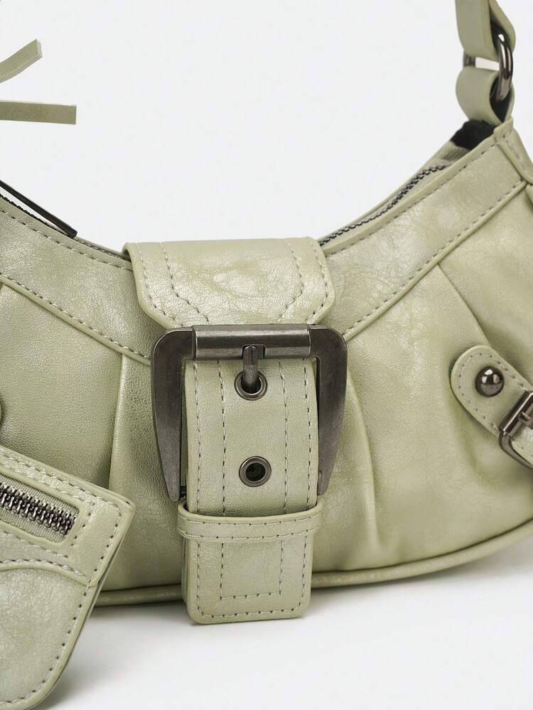 Women Shoulder Bags,Solid Cream Heart Mirror Pendant & Detachable Mini Card Holder,Adjustable Strap,Y2K Vintage Casual For Daily Street Summer Travel - Green - View 4