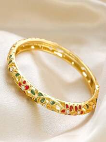 1pc Hollow Enamel Drip Glaze Women's Bracelet, Gold-Plated Floral Enamel Bracelet, Fashionable Luxury Jewelry Gift - Multicolor - View 3