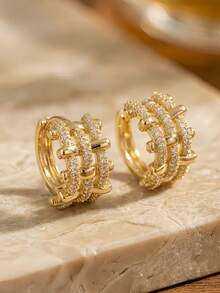 CHICAT French Vintage Multi-Layer Woven Texture Micro-Inlaid Synthetic Zirconia Hoop Earrings, Elegant Micro-Inlaid CZ Exaggerated Statement Earrings, Women's Hollow Geometric High-End Niche Versatile Earrings - Gold - View 5