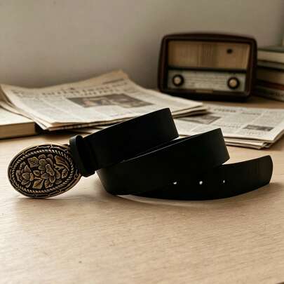 Vintage Western Style Floral Carved Belt For Women, Bronze Oval Flower Buckle Black Faux Leather Belt, Cowboy Style Decorative Waist Belt, Versatile Adjustable Streetwear Accessory For Jeans And Dresses