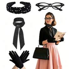Conjunto de 5 Peças Coleção de Acessórios Femininos Vintage dos Anos 1940 | Tiara de Poá para Festa de Baile dos Anos 1950, Colar, Brincos, Óculos de Fantasia, Conjunto de Lenço de Cor Sólida, Óculos Gatinho Estilo Vintage, Tiara de Poá com Colar e Brincos - Perfeito para Festas e Eventos com Tema Vintage, Presentes de Fantasia para Feriados, Tiara de Poá Vintage com Lenço, Óculos de Fantasia, Conjunto de Brincos, Acessórios de Festa Cos Vintage Americano dos Anos 50, Halloween - Multicolorido - Visão 20