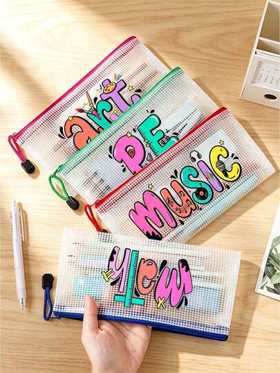 Mesh Zipper Pouch Bags With Cute Subject Print,Subject Label Bag,Back To School Stationery Organizer,Portable Pencil Case, Zippered Cosmetic Bag,Math File Pouch,Store Stationery,Documents,Cosmetics,Loose Change,Gifts For Teachers And Students