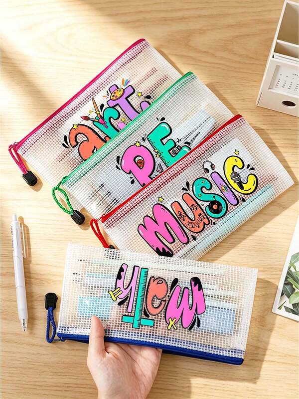 Mesh Zipper Pouch Bags With Cute Subject Print,Subject Label Bag,Back To School Stationery Organizer,Portable Pencil Case, Zippered Cosmetic Bag,Math File Pouch,Store Stationery,Documents,Cosmetics,Loose Change,Gifts For Teachers And Students