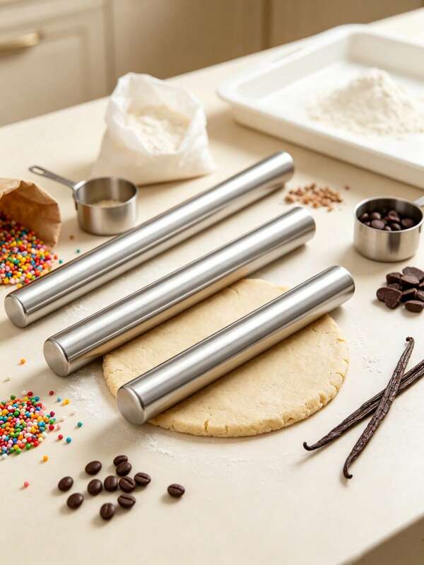 3pcs/1pc Multi-Functional Stainless Steel Durable Rolling Pin Set, Rust-Proof, Easy To Clean, Reusable, Precise Baking, Perfect For Making Pizza, Pasta, Pie And Cookies, Suitable For Pizza, Cookies, Pastries, Italian Pasta, Home Baking Essential, Kitchen Gadget, Christmas, Halloween, Mother's Day Gift