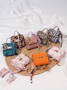 CHARM INFINITE Silk Ribbon Decor Mini Square Twist Lock Keychain Bag, Floral Leopard Print PU Leather Earphone Coin Card Storage Pouch, Cute Handbag Charm - Multicolor - View 28