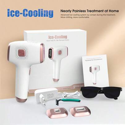 Depiladora IPL Ice-Cool de Tamaño Compacto para Viajes,Adaptador de Corriente Incluido,Kit con Gafas Protectoras y Rasuradora,Fácil de Guardar en Maletas para Tratamientos Fuera de Casa