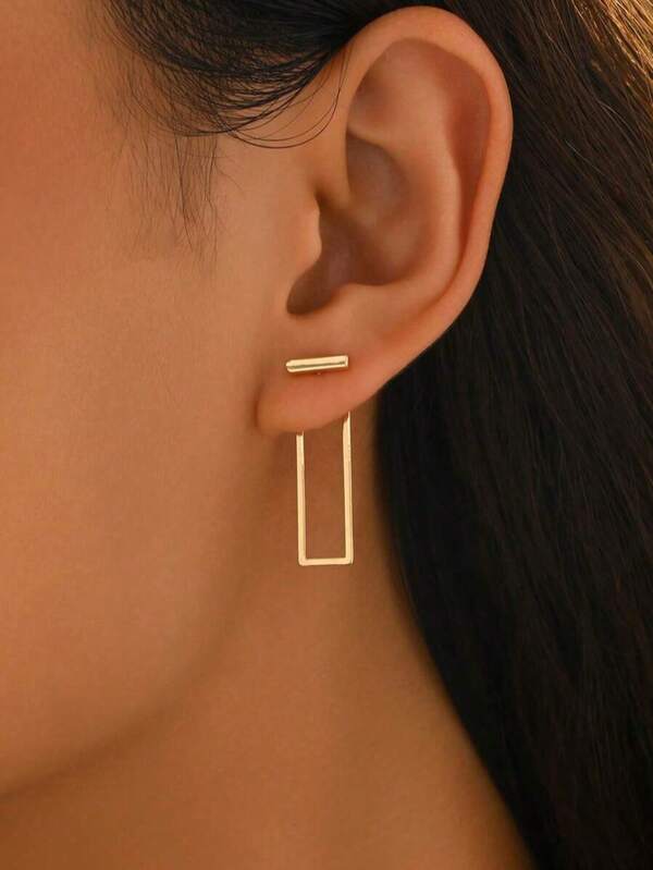 1 Pair Middle Eastern Geometric Dangle Earrings, Extended Rectangular Front-Back Metal Minimalist Slim Frame Statement Jewelry, Suitable For Women's Daily Wear, Party, Gift