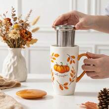 1pc 490ml/16.5oz Cottagecore Autumu Ceramic Tea Cup With Infuser And Lid, Hello Pumpkin Large Capacity Porcelain Coffee Cup Infuser Mug For Loose Leaf Tea Coffee Cocoa, Fall Home Kitchen Decor Drinkware, Gift For Halloween Thanksgiving Harvest - Multicolor - View 6