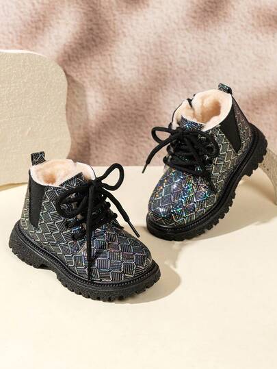 1 Pasang Sepatu Bot Anak Musim Dingin Motif Reflektif Laser Grid untuk Kerja, Tali Depan, Resleting Dalam, Sol Tebal