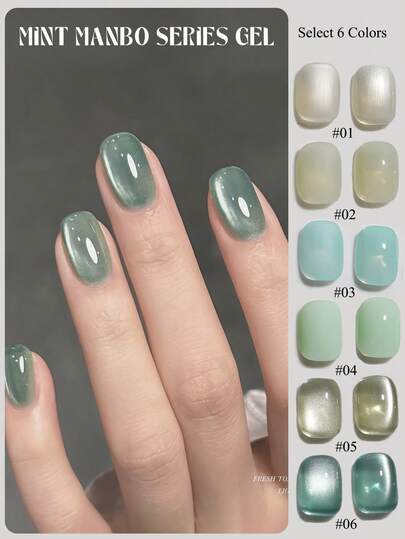 10ml Summer Popular New Fresh Cyan Green 6 Colors Series Gel Nail Polish 2026 New Ice Transparent Mint Green Whitening Glass Beads Cat Eye Nail Art Nail Supplies Summer Nails