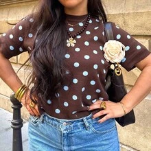 Polka Dot Pattern Short Sleeve Knit Top - Brown - View 7