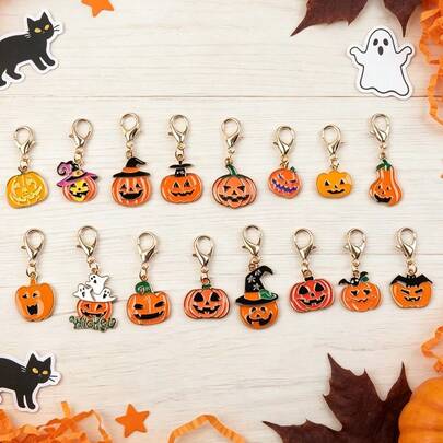 Bộ 16 mẫu móc khóa bí ngô Halloween mặt cười chạm khắc, phụ kiện cho chìa khóa và túi xách, đồ treo trang trí mùa thu và Halloween