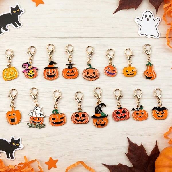 16 Styles Halloween Pumpkin Key Rings Pack, Carved Smile Face, Perfect For Keys Accessories, Bags, Autumn And Halloween Filler Hanging Decor