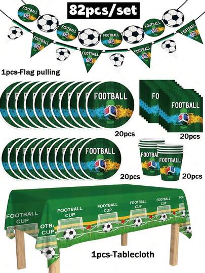 82Pcs Football World Cup Party Supplies Set, Disposable Tableware Kit With Plates Cups Napkins Tablecloth Banner For 20 Guests, Sports Theme Decor,Perfect For Match Day & Sports Birthday,Plates Cups Napkins Tablecloth Banner Included