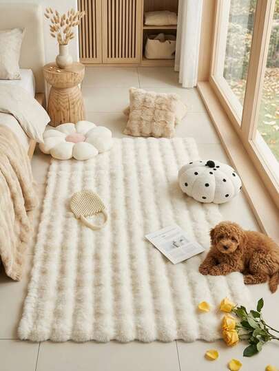 1pc Cream White Rectangular Bubble Fleece Rug, Fluffy Soft Touch, Smooth And Comfortable, Fashionable Home Decor, Skin-Friendly Material, Non-Slip Backing, Low Shedding, Easy Care And Machine Washable, Suitable For Bedroom, Living Room, Hallway, Study, Dressing Room, Closet, Etc., Bedroom Rug, Study Rug, Living Room Rug, Welcome Mat, Office Decor Rug, Area Rug, Bedside Rug, Sofa Rug, Coffee Table Rug, Tea Table Mat, Floor Mat, Holiday Decor Rug, Home Decor Essential, All Season Use