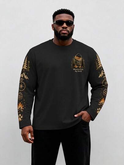 Men's Plus Size Long Sleeve T-Shirt, Forest Cat Head Print, Outdoor Casual Crew Neck Top, Regular Street Style Autumn Wear, Machine Washable, Autumn/Winter Essential, Comfortable Everyday Apparel