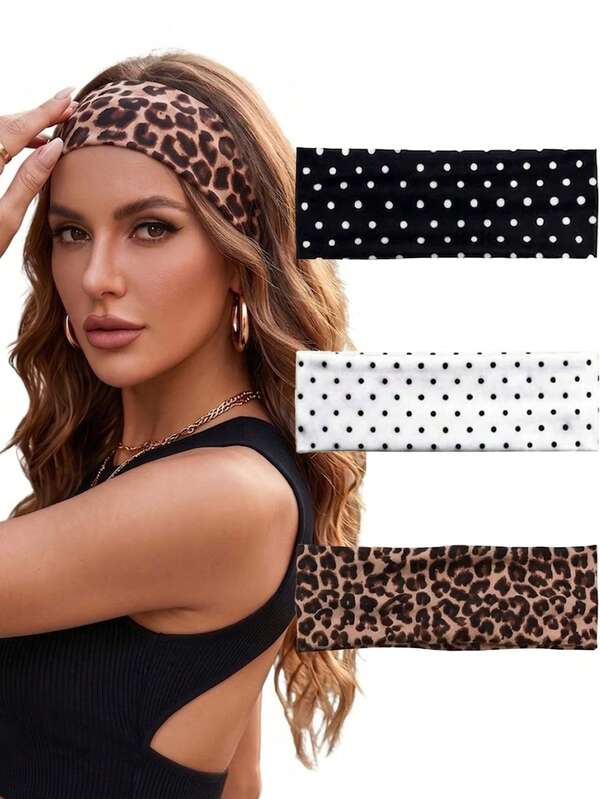 1/3Pcs Wide Boho Headbands For Women Leopard Polka Dot Elastic Hair Bands Non Slip Workout Yoga Accessories Hair Accessories Tropical Accessories Clip