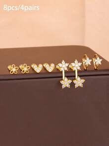 8pcs/Set Fashion Stainless Steel Flower & Heart Shaped Stud Earrings, Women's Elegant Star Hoop Earrings, Pierced Ear Jewelry - Gold-8pcs - View 4
